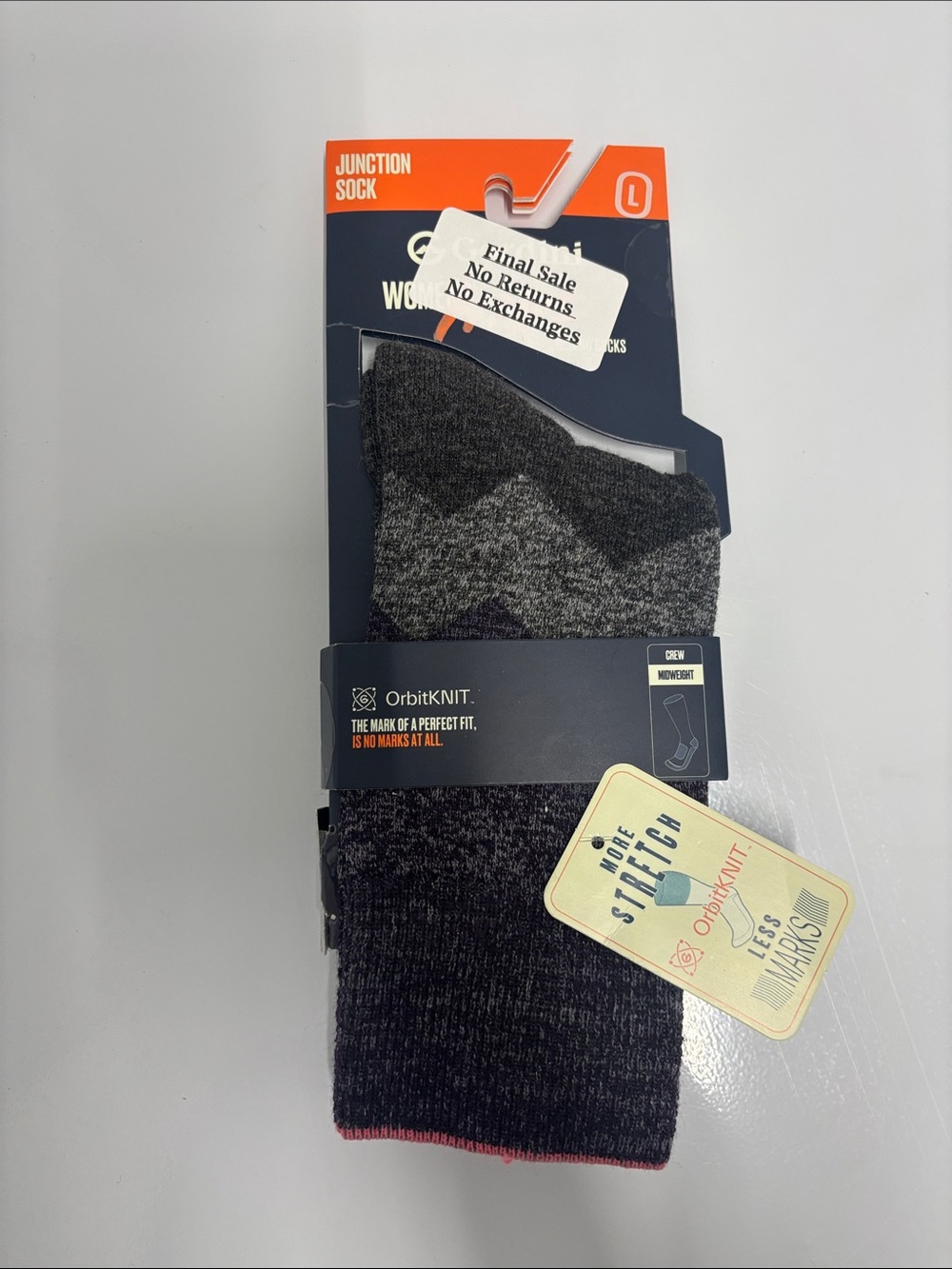 Gordini women’s junction sock crew midweight grey and pink size large NWT